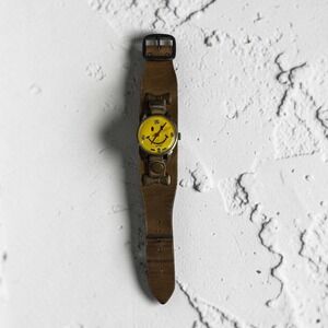 Vintage ATC Smiley Face Watch Brown Leather Cuff Strap Swiss Made Manual Wind